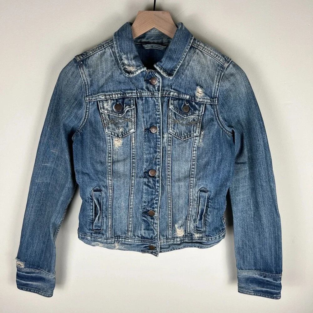 Abercrombie & Fitch Distressed Denim Jean Jacket Girls Size Medium‎ 17.5x20.5